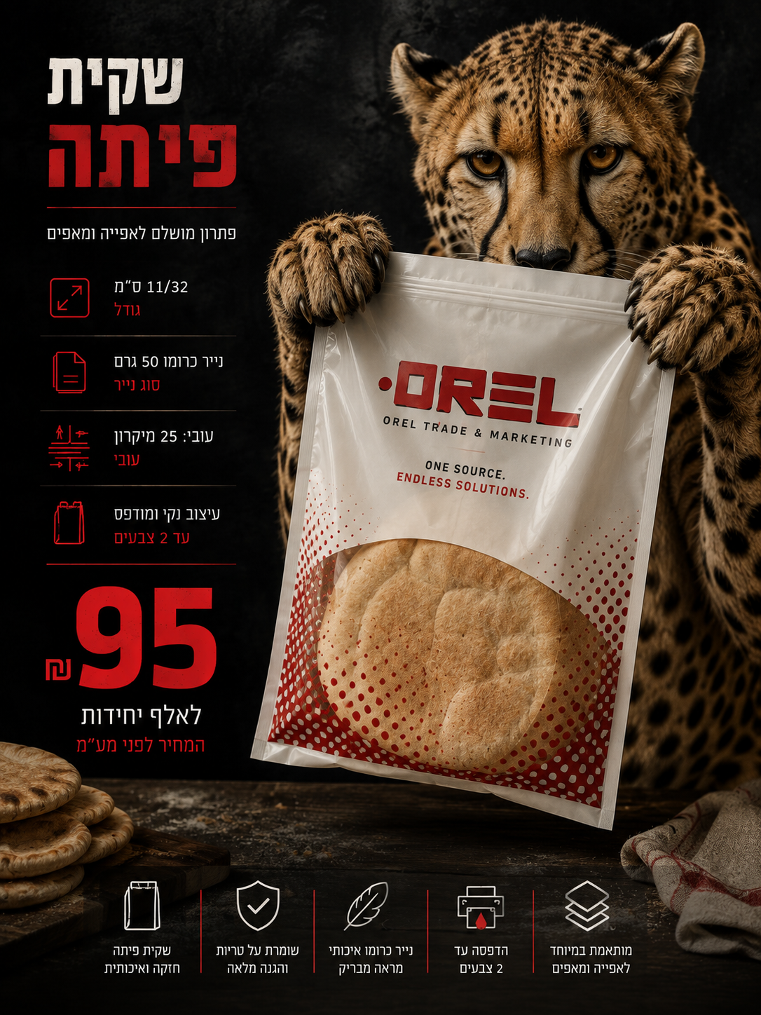 כרזת מוצר: שקית פיתה בגודל 11/32 ס״מ, נייר כרומו 50 גרם, עובי 25 מיקרון, הדפסה עד 2 צבעים, ₪95 לאלף יחידות