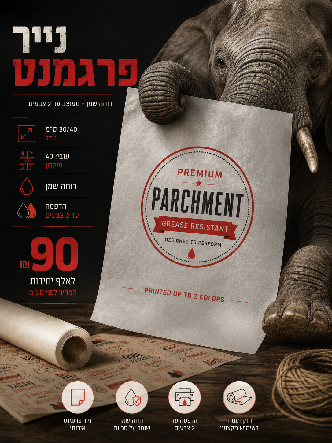 כרזת מוצר: נייר פרגמנט בגודל 30/40 ס״מ, עובי 40 מיקרון, דוחה שמן, הדפסה עד 2 צבעים, ₪90 לאלף יחידות